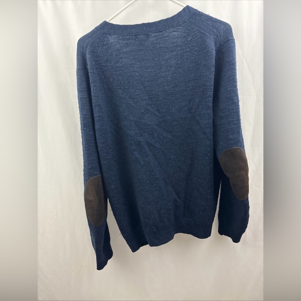 J Crew Sweater Mens L Blue Grandpa Cardigan 100% Merino Wool Elbow Patch Slim - Picture 7 of 9